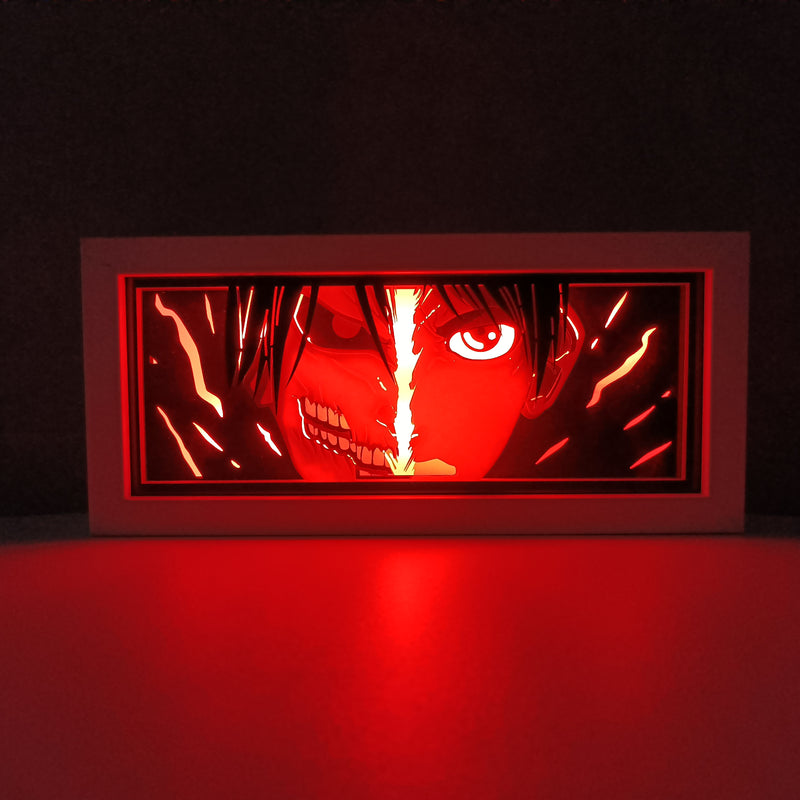 Attack on Titan anime light box with 3D paper carving and LED RGB lighting. Featuring Eren Yeager and the Colossal Titan, this custom handmade light box offers remote-controlled color options like blue, red, and white, perfect for bedroom or desk decor. Ideal for fans of the Survey Corps and humanity’s fight for survival, this light box brings the apocalyptic world of Attack on Titan to life