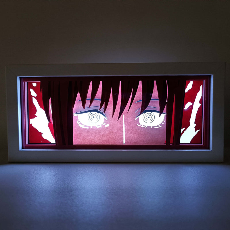 hainsaw Man anime light box with 3D paper carving and LED RGB lights, featuring Denji and Pochita. This custom handmade light box brings the intense action of Chainsaw Man to life with remote-controlled colors. Perfect for adding a gritty, rebellious touch to your bedroom, desk, or anime-themed decor