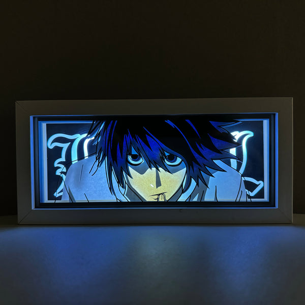 Custom Death Note anime light box with 3D paper carving and RGB LED lights featuring Light Yagami and Ryuk. Perfect for anime gifts, Christmas decorations, and decor for fans and collectors. Remote-controlled colors create a dark, mysterious ambiance for bedrooms, desks, or anime-themed spaces. This handmade piece is an ideal gift for holidays or birthdays, designed for lovers of psychological thrillers and iconic anime decor. A must-have for Death Note fans looking to enhance their collection.