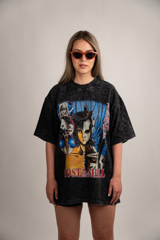 Ghost in the Shell anime oversized washed T-shirt featuring Major Motoko Kusanagi inspired by cyberpunk aesthetics, Section 9 and futuristic cybernetic identity graphic design on black washed cotton shirt