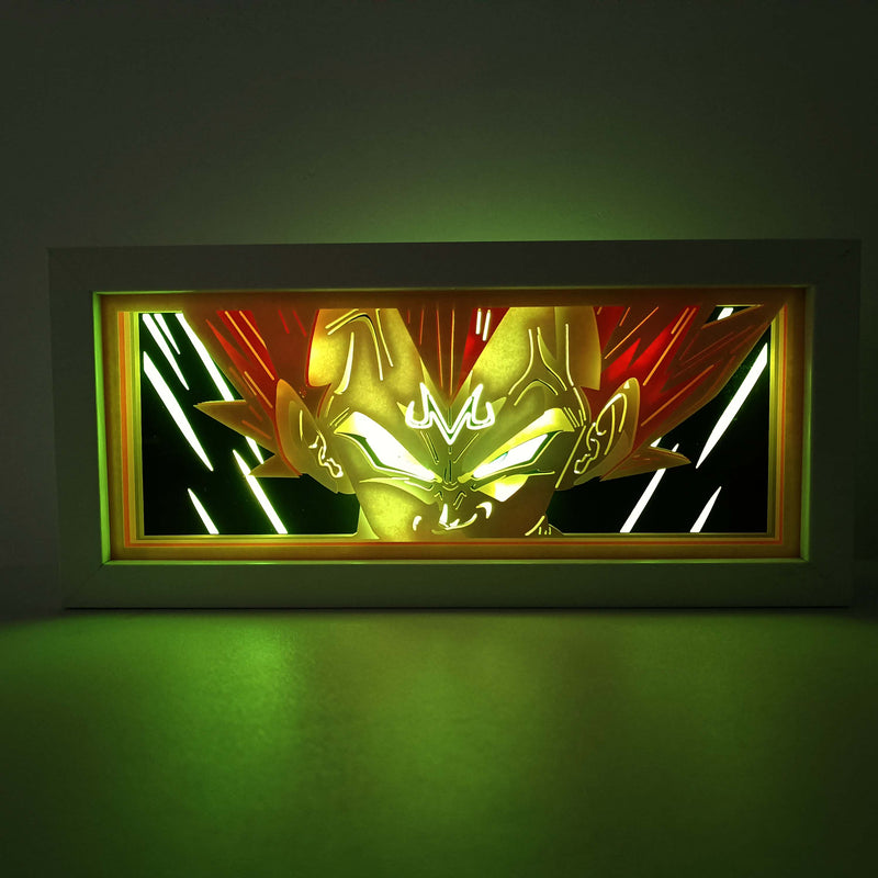 Custom Dragon Ball Z light box with 3D paper carving and RGB LED lights featuring Vegeta in his Majin form. Perfect for anime gifts, Christmas decor, and Vegeta fans. Remote-controlled colors create a fierce, intense ambiance for any space. Ideal gift for holidays or birthdays, celebrating Majin Vegeta's power and epic battles. A must-have for Dragon Ball Z fans.