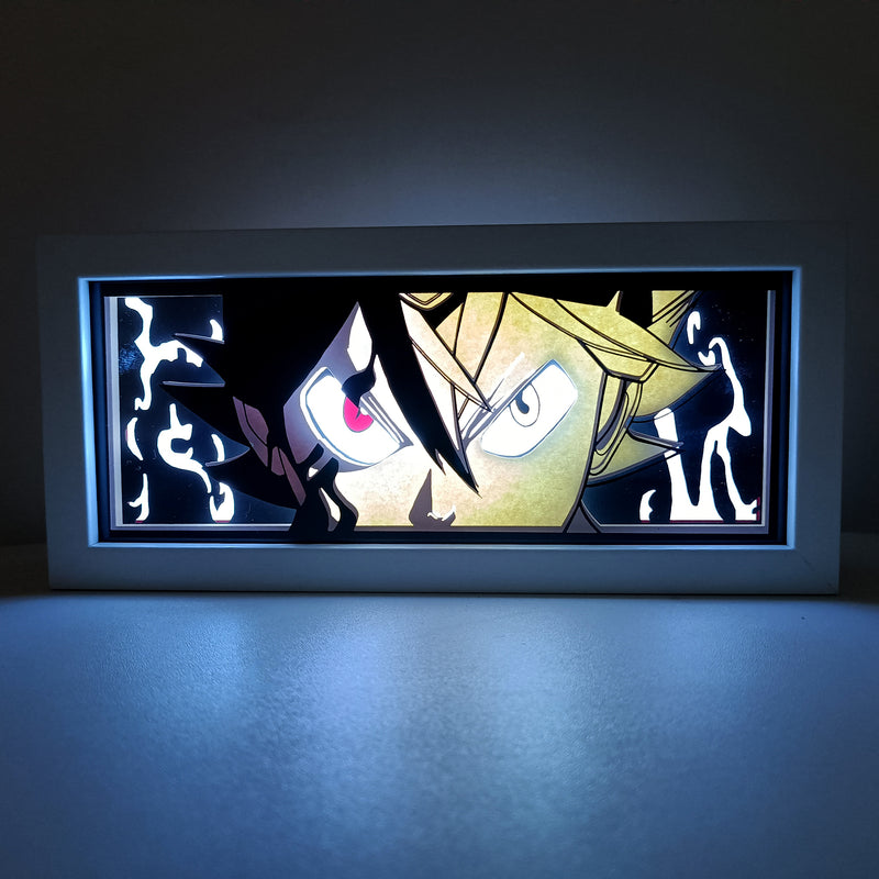 Custom Black Clover anime light box with 3D paper carving and RGB LED lights featuring Asta and Yuno. Perfect for anime gifts, Christmas decorations, and decor for fans and collectors. Remote-controlled colors bring the world of Black Clover to life, creating a vibrant, action-packed ambiance for bedrooms, desks, or anime-themed spaces. This handmade piece is the ideal gift for holidays or birthdays, designed for fans who love epic magic battles and stunning anime decor. A must-have for Black Clover fan