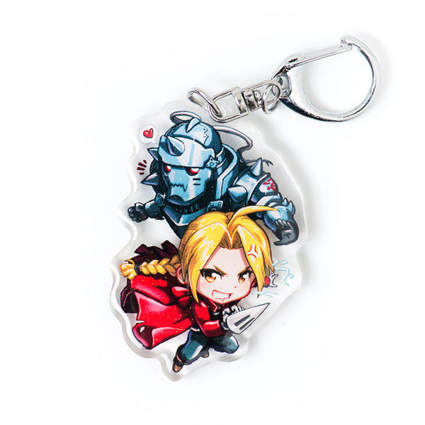 Buy Fullmetal Alchemist acrylic keychain featuring iconic characters like Edward and Alphonse Elric. This premium 4-inch keychain with a 2.4-inch anime figure offers vibrant, scratch-resistant colors and a glitter epoxy coating. Ideal for keychains, backpacks, lanyards, and Ita bags. A limited edition design perfect for Fullmetal Alchemist collectors, otaku, and anime fans. Includes a durable silver D-clasp for long-lasting use. Perfect anime gift.