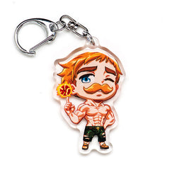 Epic Seven Deadly Sins acrylic keychain featuring double-sided designs of Meliodas, Elizabeth, Ban, King, Diane, Gowther, Merlin, and Escanor. Vibrant, scratch-resistant colors with a stunning glitter epoxy coating. Perfect for decorating backpacks, lanyards, and Ita bags. Durable silver D-clasp for lasting durability. A must-have collectible and the ultimate gift for Seven Deadly Sins and anime enthusiasts!