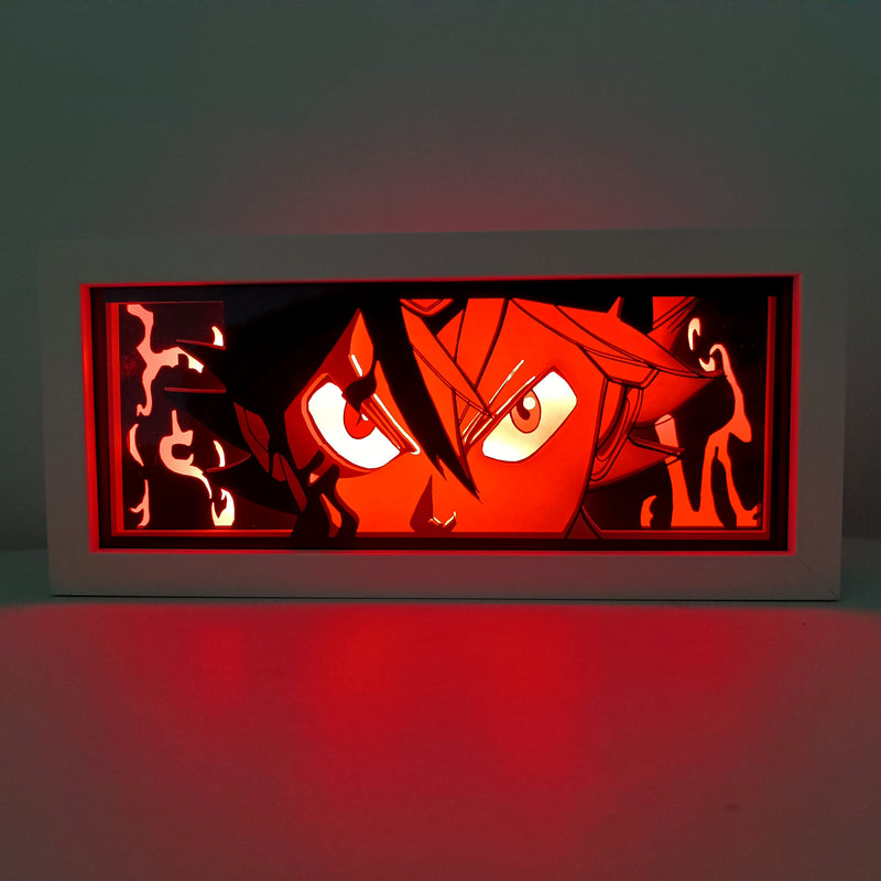 Custom Black Clover anime light box with 3D paper carving and RGB LED lights featuring Asta and Yuno. Perfect for anime gifts, Christmas decorations, and decor for fans and collectors. Remote-controlled colors bring the world of Black Clover to life, creating a vibrant, action-packed ambiance for bedrooms, desks, or anime-themed spaces. This handmade piece is the ideal gift for holidays or birthdays, designed for fans who love epic magic battles and stunning anime decor. A must-have for Black Clover fan