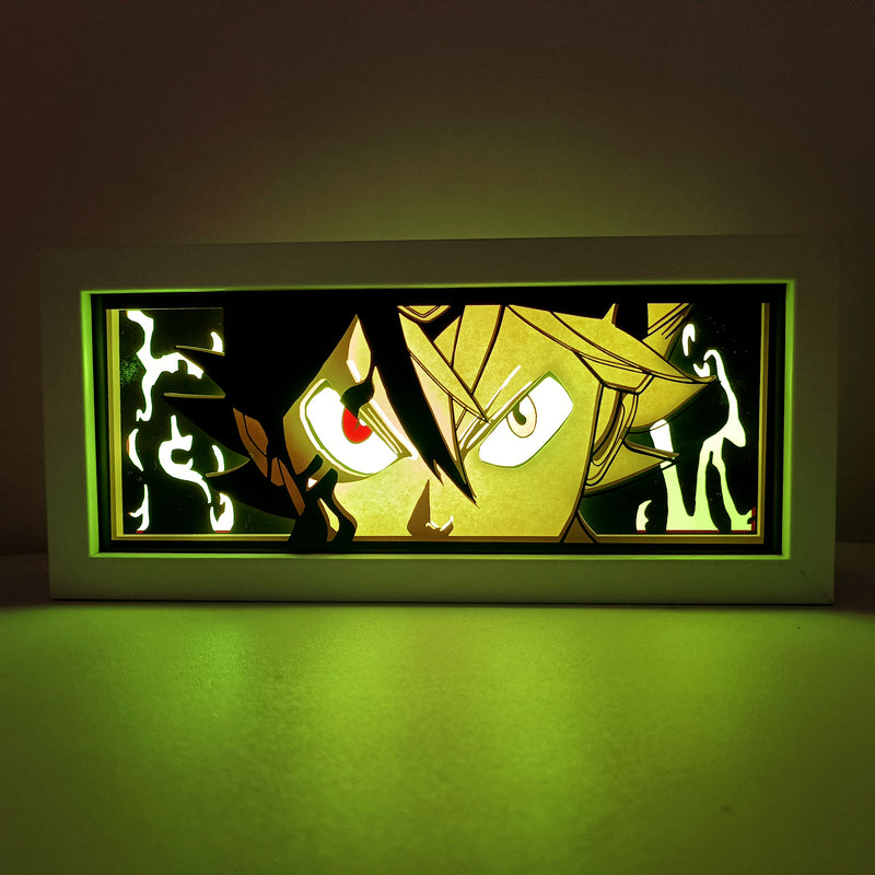 Custom Black Clover anime light box with 3D paper carving and RGB LED lights featuring Asta and Yuno. Perfect for anime gifts, Christmas decorations, and decor for fans and collectors. Remote-controlled colors bring the world of Black Clover to life, creating a vibrant, action-packed ambiance for bedrooms, desks, or anime-themed spaces. This handmade piece is the ideal gift for holidays or birthdays, designed for fans who love epic magic battles and stunning anime decor. A must-have for Black Clover fan