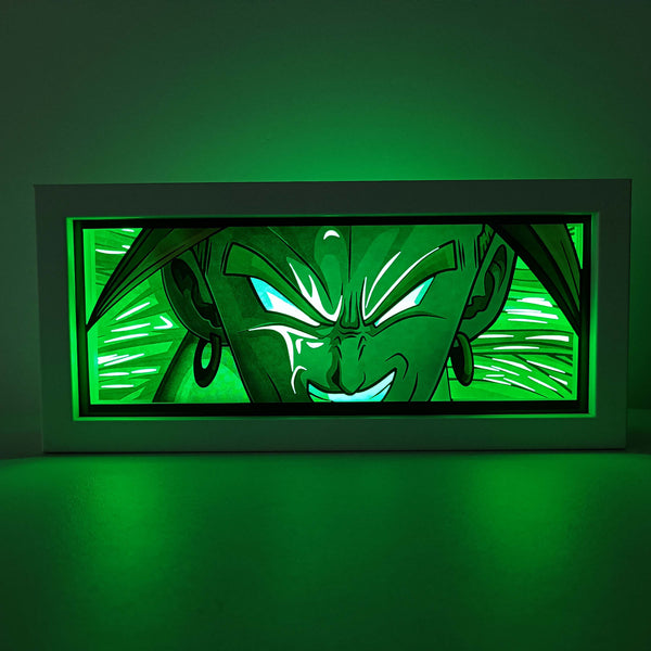 Custom Dragon Ball Super: Broly light box with 3D paper carving and RGB LED lights featuring Broly in his legendary Super Saiyan form. Perfect for anime gifts, Christmas decor, and Broly fans. Remote-controlled colors create a powerful, dynamic ambiance for any space. Ideal gift for holidays or birthdays, celebrating Broly's immense power and epic battles. A must-have for Dragon Ball Super fans.