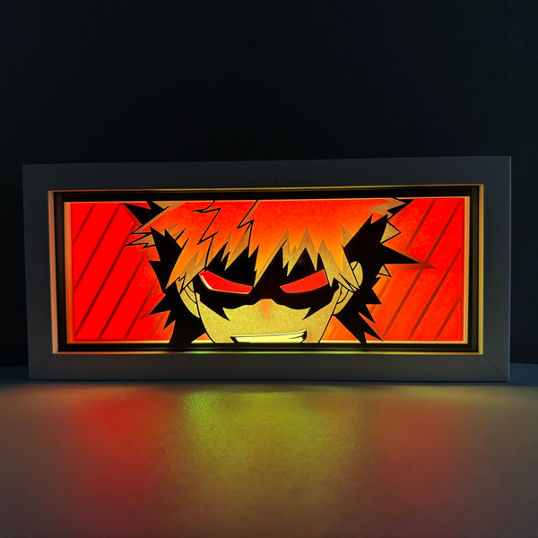 Custom My Hero Academia light box with 3D paper carving and RGB LED lights featuring Katsuki Bakugo. Perfect for anime gifts, Christmas decor, and Bakugo fans. Remote-controlled colors create an explosive, high-energy ambiance for any space. Ideal for holidays, birthdays, or special occasions, celebrating Bakugo’s fierce determination and explosive Quirk. A must-have for My Hero Academia fans looking to add a dynamic touch to their collection.