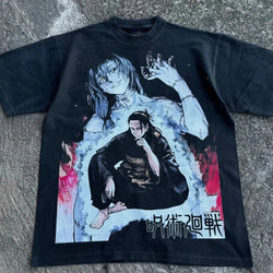 Dynamic Jujutsu Kaisen Black T-Shirt featuring eye-catching artwork of Yuji, Gojo, and Sukuna's Curse Mark, capturing the thrilling energy and supernatural battles of the series. Made from high-quality, soft cotton fabric for ultimate comfort, this tee is perfect for casual wear, anime conventions, or adding a powerful, action-packed vibe to your outfit. A must-have for Jujutsu Kaisen fans and anime enthusiasts who want to channel their inner Jujutsu Sorcerer in style