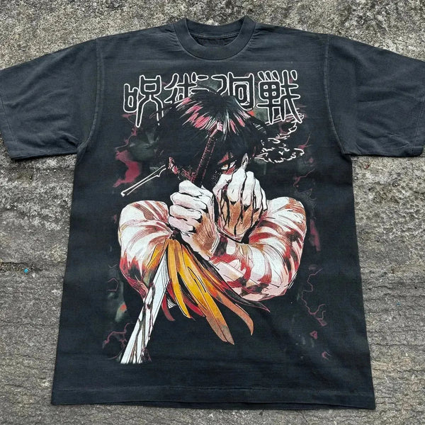 Dynamic Jujutsu Kaisen Black T-Shirt featuring eye-catching artwork of Yuji, Gojo, and Sukuna's Curse Mark, capturing the thrilling energy and supernatural battles of the series. Made from high-quality, soft cotton fabric for ultimate comfort, this tee is perfect for casual wear, anime conventions, or adding a powerful, action-packed vibe to your outfit. A must-have for Jujutsu Kaisen fans and anime enthusiasts who want to channel their inner Jujutsu Sorcerer in style