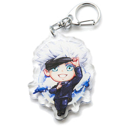 ust-have Jujutsu Kaisen acrylic keychain with double-sided designs of Yuji, Gojo, and Nobara. Vibrant, scratch-resistant colors and glitter epoxy coating make it stand out. Perfect for backpacks, lanyards, and Ita bags. Durable silver D-clasp ensures long-lasting quality. A limited edition collectible and the perfect gift for anime fans and collectors