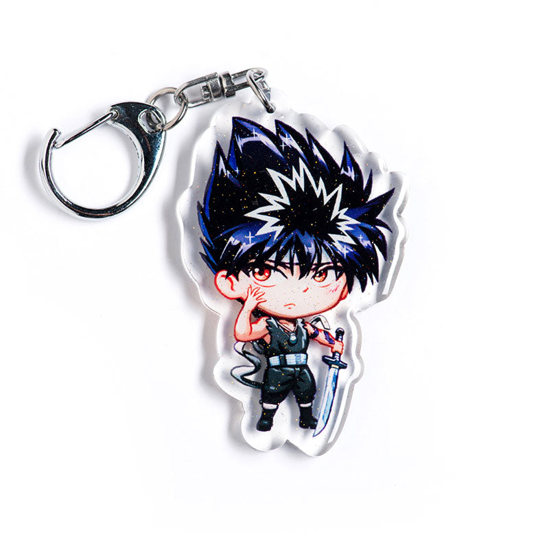 Classic Yu Yu Hakusho acrylic keychain featuring double-sided designs of Yusuke, Kurama, Hiei, Kuwabara, and Botan. Bold, vibrant, scratch-resistant colors with a glitter epoxy coating for an eye-catching look. Perfect for accessorizing backpacks, lanyards, and Ita bags. Durable silver D-clasp ensures long-lasting quality. A must-have collectible and the perfect gift for Yu Yu Hakusho fans and anime lovers!