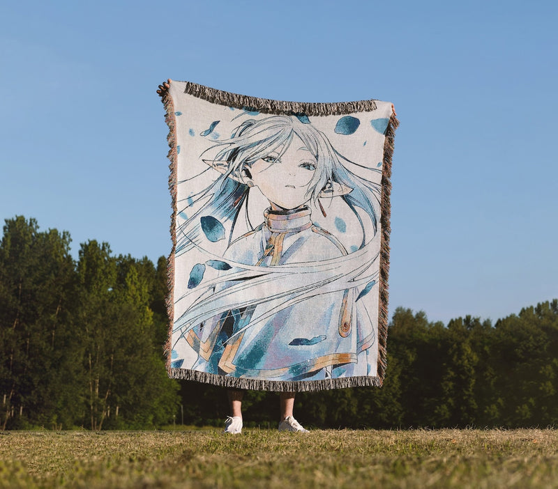 Frieren Beyond Journey’s End woven tapestry blanket featuring Frieren, Himmel, Fern, Stark, Heiter and Eisen, anime home decor by Anime Crush
