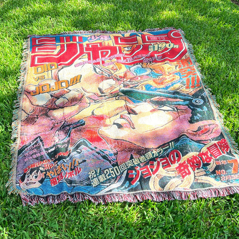 JoJo's Bizarre Adventure Woven Tapestry Blanket featuring iconic characters like Jotaro Kujo, Dio Brando, and the Star Platinum Stand in vibrant, high-quality detail. This tapestry captures the bold art style and dynamic energy of the JoJo universe, making it perfect for home decor, a cozy throw, or a unique gift for fans. Celebrate the unforgettable battles, dramatic poses, and the legacy of Joestar heroes with this beautifully crafted piece that brings the eccentric world of JoJo's Bizarre Adventure