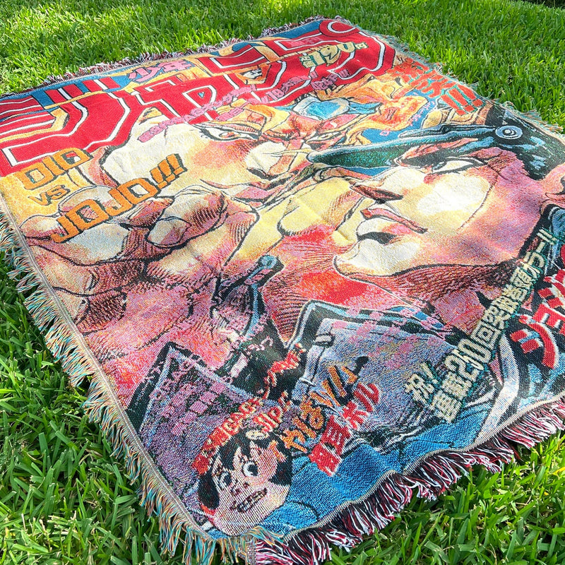 JoJo's Bizarre Adventure Woven Tapestry Blanket featuring iconic characters like Jotaro Kujo, Dio Brando, and the Star Platinum Stand in vibrant, high-quality detail. This tapestry captures the bold art style and dynamic energy of the JoJo universe, making it perfect for home decor, a cozy throw, or a unique gift for fans. Celebrate the unforgettable battles, dramatic poses, and the legacy of Joestar heroes with this beautifully crafted piece that brings the eccentric world of JoJo's Bizarre Adventure