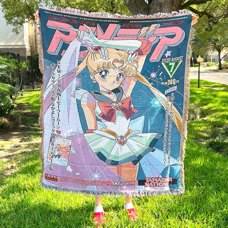 Sailor Moon Woven Tapestry Blanket featuring Usagi Tsukino and the Sailor Guardians in stunning, vibrant artwork. This high-quality tapestry captures the magical essence of the iconic series, making it perfect for home decor, a cozy throw, or a heartfelt gift for fans. Celebrate the timeless charm, friendship, and lunar magic of Sailor Moon with this beautifully crafted piece that brings the world of the Moon Kingdom into your space