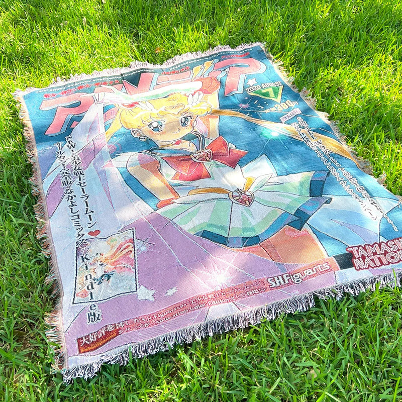 Sailor Moon Woven Tapestry Blanket featuring Usagi Tsukino and the Sailor Guardians in stunning, vibrant artwork. This high-quality tapestry captures the magical essence of the iconic series, making it perfect for home decor, a cozy throw, or a heartfelt gift for fans. Celebrate the timeless charm, friendship, and lunar magic of Sailor Moon with this beautifully crafted piece that brings the world of the Moon Kingdom into your space