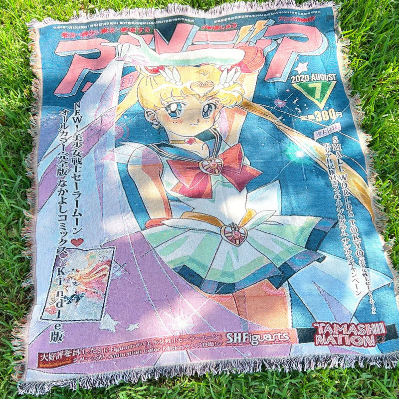 Sailor Moon Woven Tapestry Blanket featuring Usagi Tsukino and the Sailor Guardians in stunning, vibrant artwork. This high-quality tapestry captures the magical essence of the iconic series, making it perfect for home decor, a cozy throw, or a heartfelt gift for fans. Celebrate the timeless charm, friendship, and lunar magic of Sailor Moon with this beautifully crafted piece that brings the world of the Moon Kingdom into your space