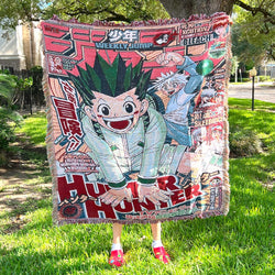 Hunter x Hunter Woven Tapestry Blanket featuring iconic characters like Gon, Killua, and Hisoka, brought to life with stunning detail and vibrant colors. This high-quality tapestry captures the adventurous spirit and emotional depth of the series, making it perfect for home decor, a cozy throw, or a unique gift for Hunter x Hunter fans. Celebrate the unforgettable journey through the world of Hunters with this beautifully crafted piece that showcases your love for one of anime’s most beloved series