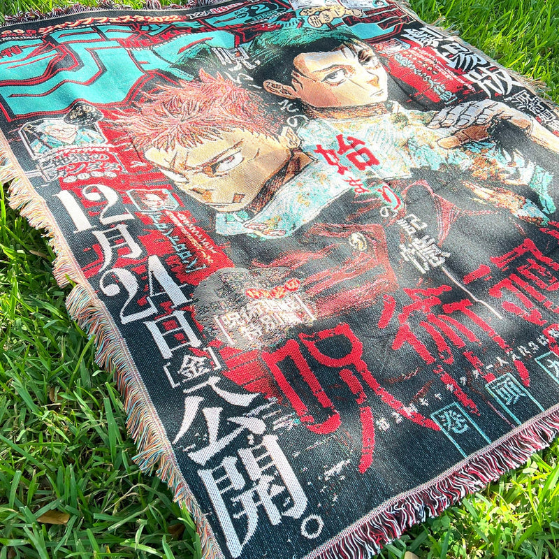 Jujutsu Kaisen Woven Tapestry Blanket featuring iconic characters like Yuji Itadori, Satoru Gojo, and Sukuna in vibrant, detailed artwork. Crafted with premium materials, this tapestry captures the dark and thrilling energy of the series, making it perfect as home decor, a cozy throw, or a standout gift for Jujutsu Kaisen fans. Celebrate the epic battles and supernatural world of curses with this beautifully designed piece that brings the essence of Jujutsu Kaisen into your space