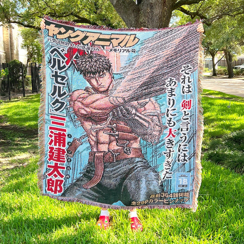 Berserk Woven Tapestry Blanket featuring the legendary Black Swordsman, Guts, in intricately detailed artwork. Crafted with high-quality materials, this tapestry showcases the dark and powerful essence of the series, making it ideal for home decor, cozy comfort, or a thoughtful gift for dedicated Berserk fans. Celebrate Kentaro Miura’s masterpiece with this stunning piece that embodies the strength and determination of one of anime’s most iconic characters.