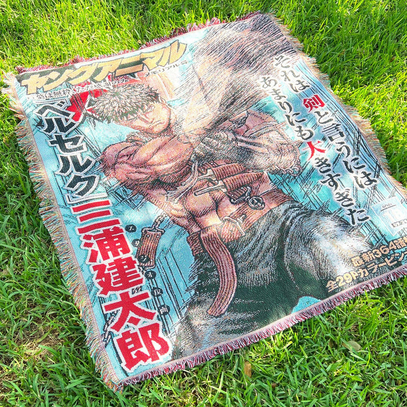 Berserk Woven Tapestry Blanket featuring the legendary Black Swordsman, Guts, in intricately detailed artwork. Crafted with high-quality materials, this tapestry showcases the dark and powerful essence of the series, making it ideal for home decor, cozy comfort, or a thoughtful gift for dedicated Berserk fans. Celebrate Kentaro Miura’s masterpiece with this stunning piece that embodies the strength and determination of one of anime’s most iconic characters.