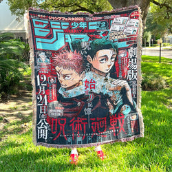 Jujutsu Kaisen Woven Tapestry Blanket featuring iconic characters like Yuji Itadori, Satoru Gojo, and Sukuna in vibrant, detailed artwork. Crafted with premium materials, this tapestry captures the dark and thrilling energy of the series, making it perfect as home decor, a cozy throw, or a standout gift for Jujutsu Kaisen fans. Celebrate the epic battles and supernatural world of curses with this beautifully designed piece that brings the essence of Jujutsu Kaisen into your space