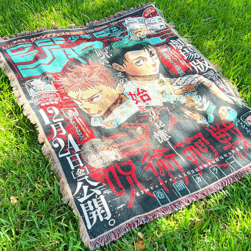 Jujutsu Kaisen Woven Tapestry Blanket featuring iconic characters like Yuji Itadori, Satoru Gojo, and Sukuna in vibrant, detailed artwork. Crafted with premium materials, this tapestry captures the dark and thrilling energy of the series, making it perfect as home decor, a cozy throw, or a standout gift for Jujutsu Kaisen fans. Celebrate the epic battles and supernatural world of curses with this beautifully designed piece that brings the essence of Jujutsu Kaisen into your space