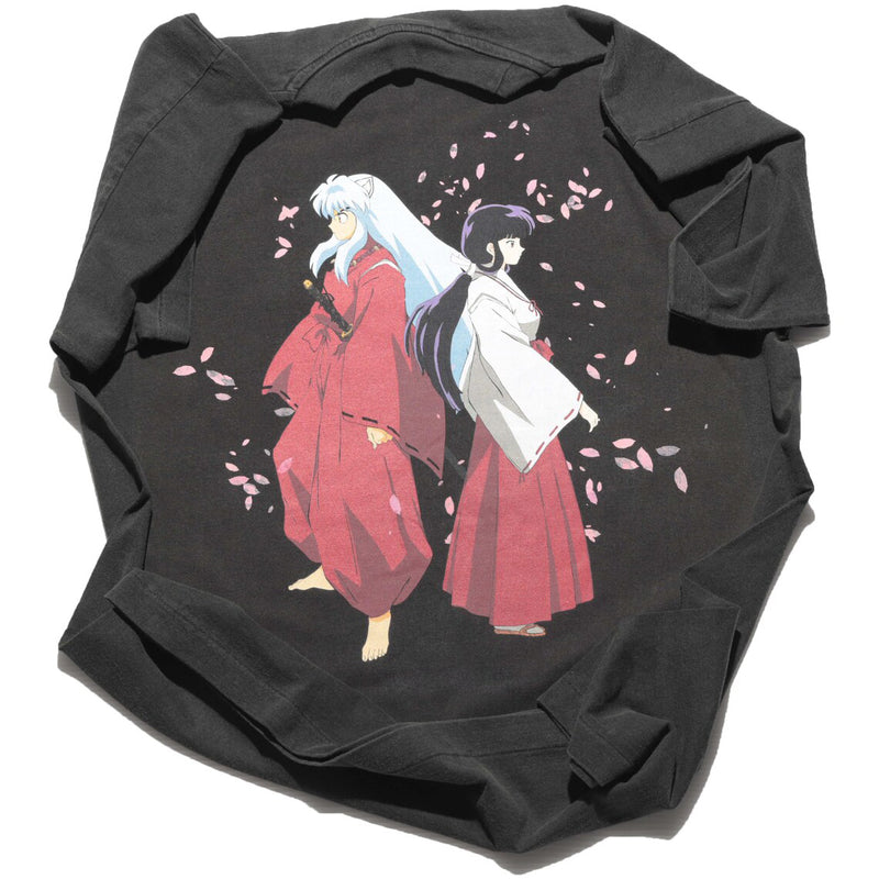 Inuyasha black premium vintage oversized anime graphic t-shirt featuring iconic characters like Inuyasha and Kagome in bold Japanese manga artwork. Retro washed oversized black tee crafted from high-quality fabric, blending Y2K Harajuku streetwear fashion with classic feudal-era anime style. Perfect as Japanese anime streetwear, otaku clothing gift, Inuyasha cosplay outfit top, or Comic Con anime convention merch for fans and collectors of the legendary series.