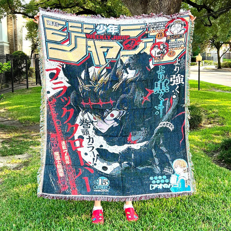 Black Clover Woven Tapestry Blanket featuring Asta, Yuno, and the Magic Knights in stunning, vibrant artwork. This high-quality tapestry captures the magical essence and dynamic energy of the iconic series, making it perfect for home decor, a cozy throw, or a heartfelt gift for fans. Celebrate the themes of perseverance, friendship, and the quest to become the Wizard King with this beautifully crafted piece that brings the world of Black Clover into your space