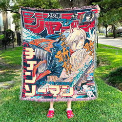 Chainsaw Man Woven Tapestry Blanket featuring Denji, Power, and Makima in bold, vibrant artwork. This high-quality tapestry captures the chaotic energy, dark humor, and intense action of the iconic series, making it perfect for home decor, a cozy throw, or a unique gift for fans. Celebrate the thrilling battles, complex characters, and gritty world of Chainsaw Man with this beautifully crafted piece that brings the devil-hunting action into your space