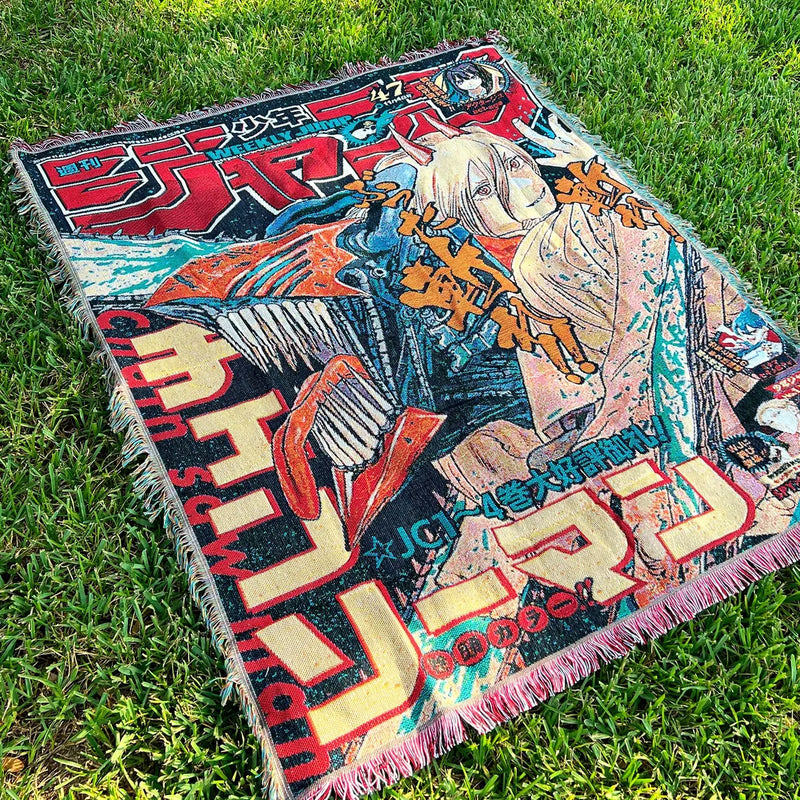 Chainsaw Man Woven Tapestry Blanket featuring Denji, Power, and Makima in bold, vibrant artwork. This high-quality tapestry captures the chaotic energy, dark humor, and intense action of the iconic series, making it perfect for home decor, a cozy throw, or a unique gift for fans. Celebrate the thrilling battles, complex characters, and gritty world of Chainsaw Man with this beautifully crafted piece that brings the devil-hunting action into your space