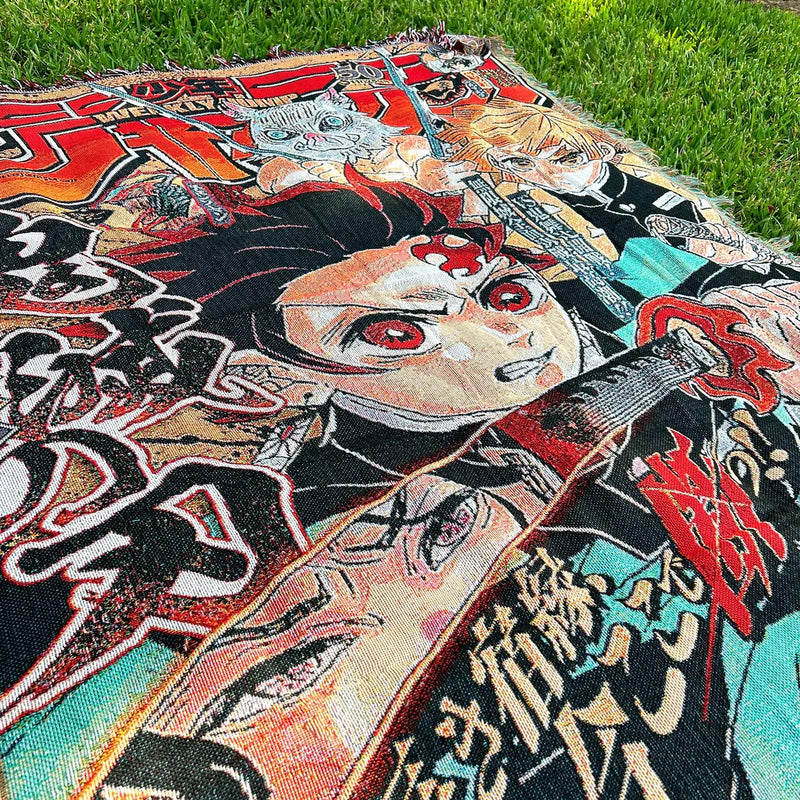 Demon Slayer Woven Tapestry Blanket featuring Tanjiro, Nezuko, and the Demon Slayer Corps in stunning, vibrant artwork. This high-quality tapestry captures the intense battles, emotional depth, and breathtaking visuals of the iconic series, making it perfect for home decor, a cozy throw, or a heartfelt gift for fans. Celebrate the themes of courage, family, and determination with this beautifully crafted piece that brings the world of Demon Slayer into your space.