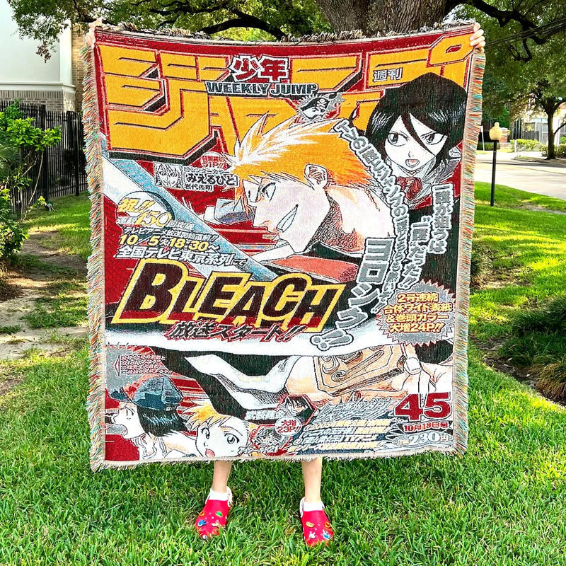 Bleach Woven Tapestry Blanket featuring iconic characters like Ichigo Kurosaki, Rukia Kuchiki, and Byakuya Kuchiki in bold, high-detail anime artwork. Crafted with premium woven materials, this Bleach tapestry captures the intense spirit, Soul Reaper battles, and supernatural world of the series, making it perfect as anime home decor, a cozy throw blanket, or a standout gift for Bleach fans. Bring the power of the Soul Society into your space with this visually striking and beautifully designed Bleach blank