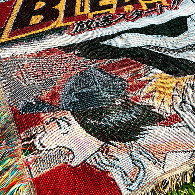 Bleach Woven Tapestry Blanket featuring Ichigo Kurosaki, Rukia Kuchiki, and the Soul Reapers in stunning, vibrant artwork. This high-quality tapestry captures the intense battles, spiritual themes, and dynamic energy of the iconic series, making it perfect for home decor, a cozy throw, or a thoughtful gift for fans. Celebrate the legacy of courage, loyalty, and the fight to protect the living and spirit worlds with this beautifully crafted piece that brings the world of Bleach into your space.