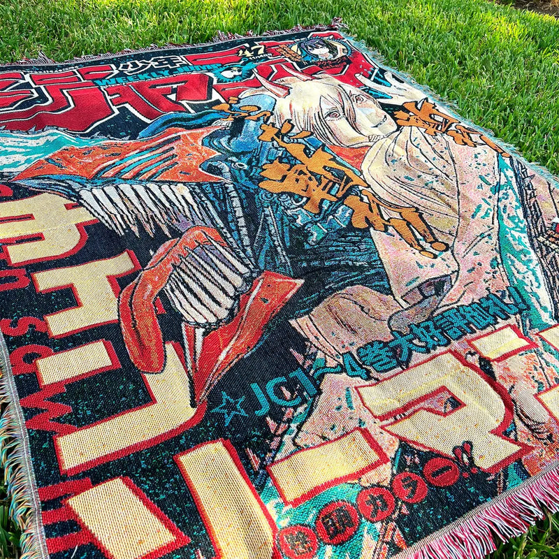 Chainsaw Man Woven Tapestry Blanket featuring Denji, Power, and Makima in bold, vibrant artwork. This high-quality tapestry captures the chaotic energy, dark humor, and intense action of the iconic series, making it perfect for home decor, a cozy throw, or a unique gift for fans. Celebrate the thrilling battles, complex characters, and gritty world of Chainsaw Man with this beautifully crafted piece that brings the devil-hunting action into your space