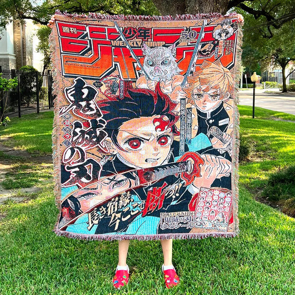 Demon Slayer Woven Tapestry Blanket featuring Tanjiro, Nezuko, and the Demon Slayer Corps in stunning, vibrant artwork. This high-quality tapestry captures the intense battles, emotional depth, and breathtaking visuals of the iconic series, making it perfect for home decor, a cozy throw, or a heartfelt gift for fans. Celebrate the themes of courage, family, and determination with this beautifully crafted piece that brings the world of Demon Slayer into your space.