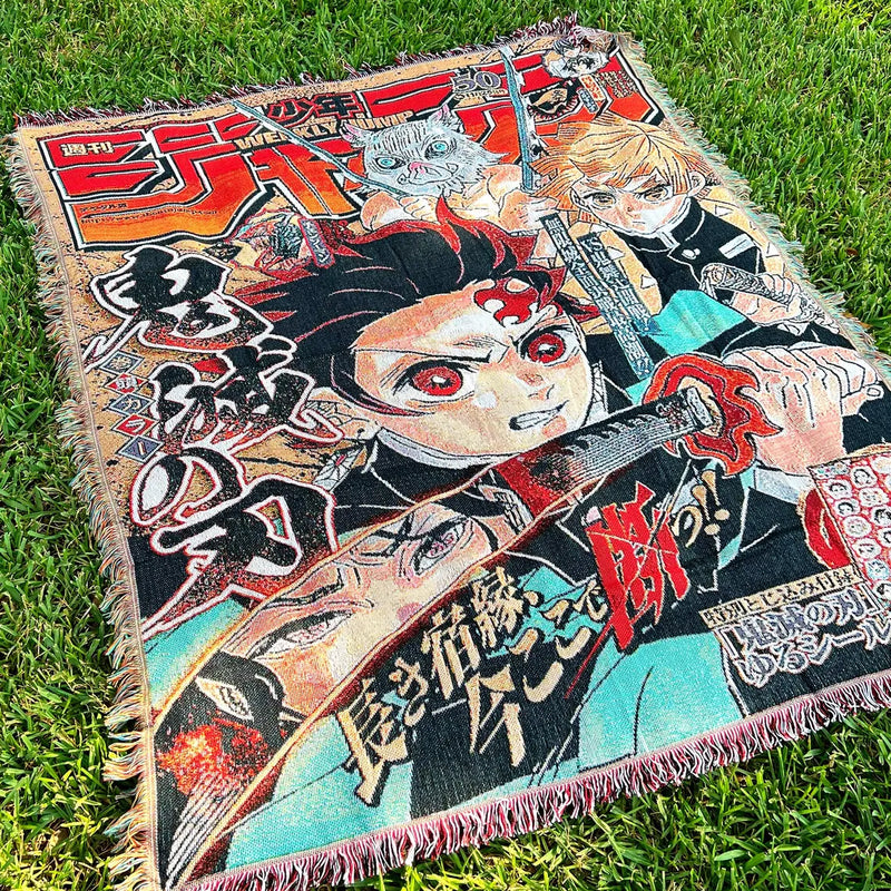 Demon Slayer Woven Tapestry Blanket featuring Tanjiro, Nezuko, and the Demon Slayer Corps in stunning, vibrant artwork. This high-quality tapestry captures the intense battles, emotional depth, and breathtaking visuals of the iconic series, making it perfect for home decor, a cozy throw, or a heartfelt gift for fans. Celebrate the themes of courage, family, and determination with this beautifully crafted piece that brings the world of Demon Slayer into your space.