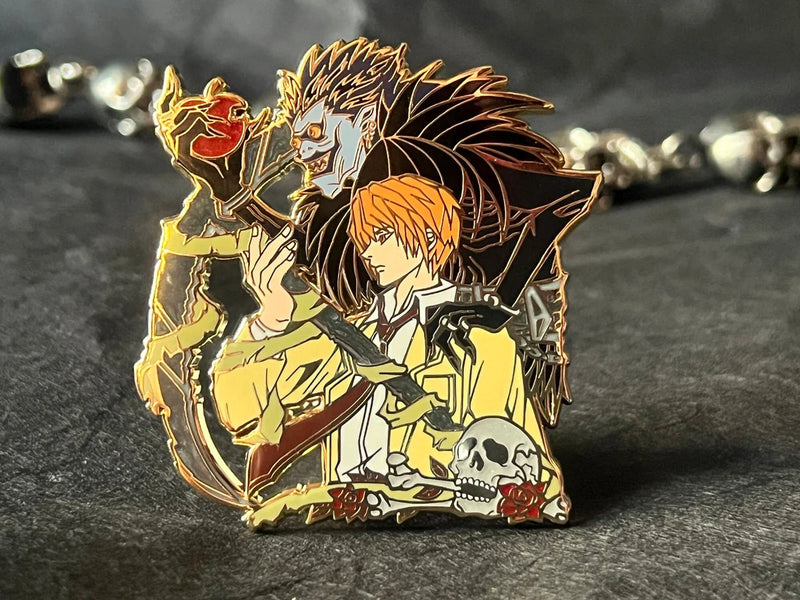 Death Note Enamel Pin Collection – Limited Edition Collectibles Featuring Characters from Death Note, such as Light Yagami, L, Ryuk, and Misa Amane. Premium Black Nickel Finish, Hard Enamel with Print Details, Numbered with Lasered Logo, Large 3 Inches (7.6 cm), Double Butterfly Clutch for Secure Attachment. Perfect Anime Merchandise for Death Note Fans, Collectors, and Enthusiasts. Includes Exclusive Character Designs, Anime Accessories, Otaku Gifts, Anime Convention Collectibles, and Cosplay Accessories.