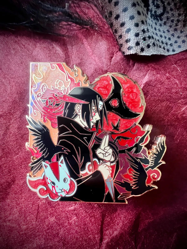 Naruto enamel pin featuring Naruto Uzumaki, Sasuke Uchiha, Itachi Uchiha, Kakashi Hatake, Sakura Haruno, Pain Nagato, Obito Uchiha, Madara Uchiha, Minato Namikaze and Akatsuki members, premium anime enamel pin collectible by Anime Crush
