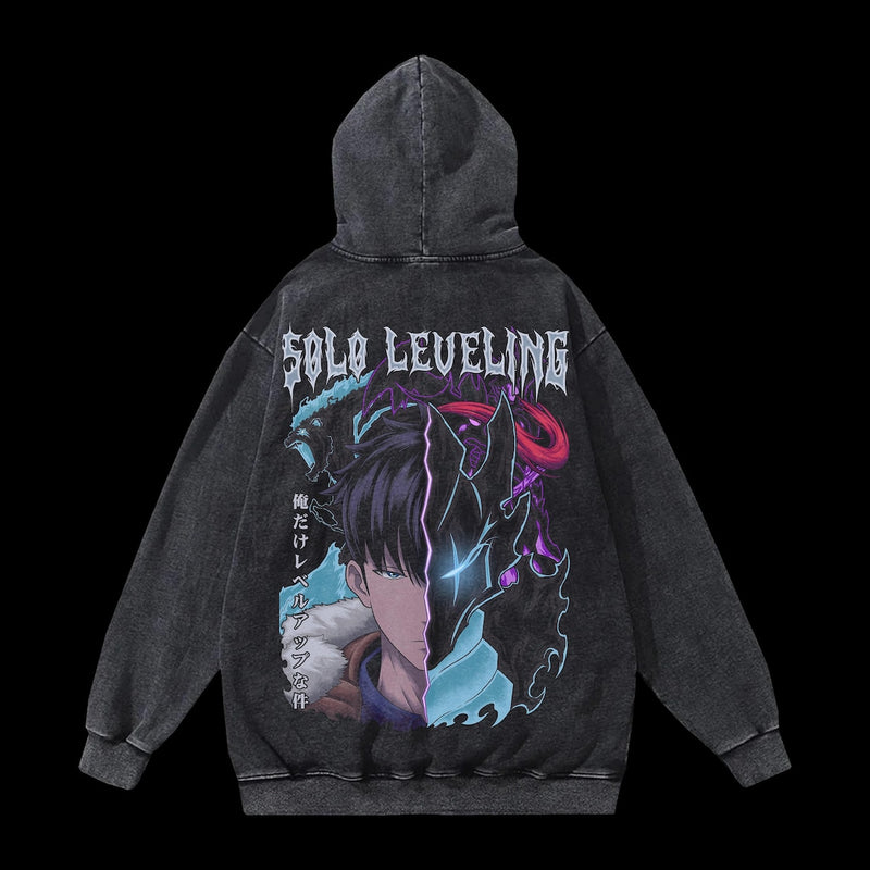 Solo Leveling hoodie featuring Sung Jinwoo in a high-quality shadow monarch design. Soft and durable anime hoodie made from premium cotton blend, perfect for everyday wear. Unisex fit, available in multiple sizes and colors. Ideal for Solo Leveling fans, anime lovers, and streetwear enthusiasts. Fade-resistant print for long-lasting wear. Great anime merch gift for otakus and gamers.