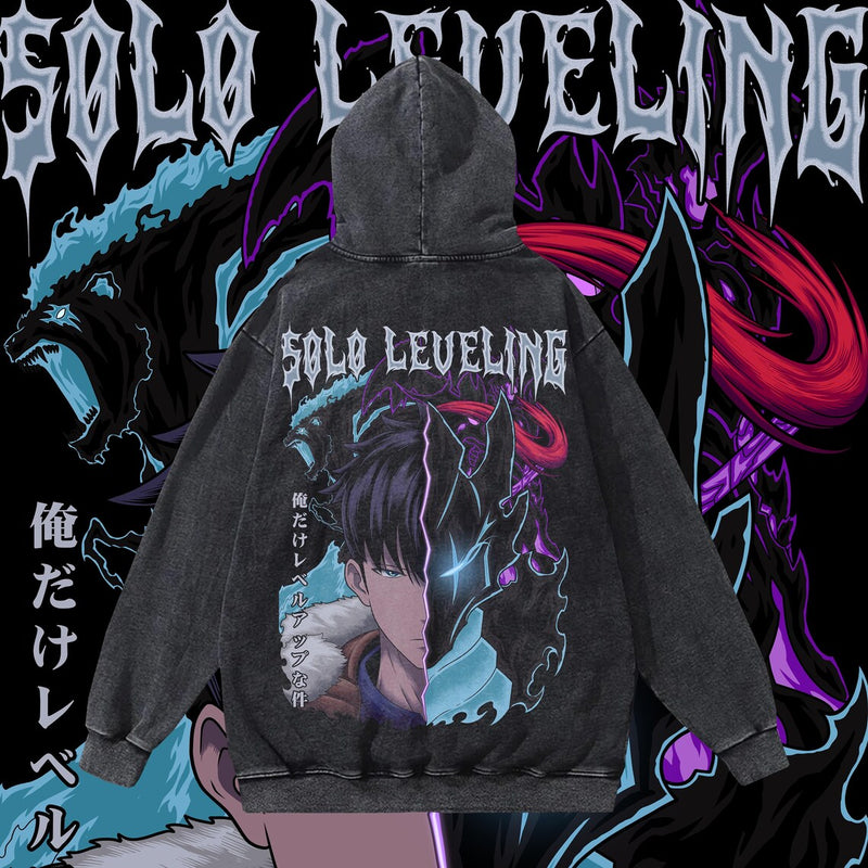 Solo Leveling hoodie featuring Sung Jinwoo in a high-quality shadow monarch design. Soft and durable anime hoodie made from premium cotton blend, perfect for everyday wear. Unisex fit, available in multiple sizes and colors. Ideal for Solo Leveling fans, anime lovers, and streetwear enthusiasts. Fade-resistant print for long-lasting wear. Great anime merch gift for otakus and gamers.