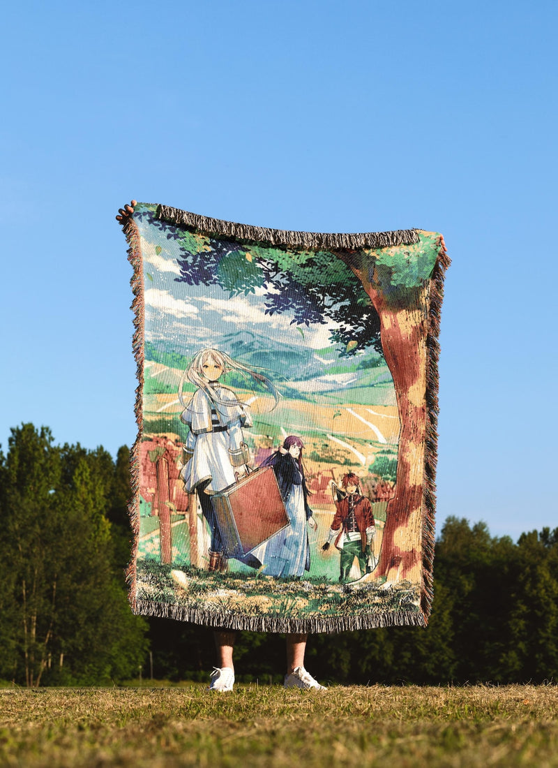 Frieren Beyond Journey’s End woven tapestry blanket featuring Frieren, Himmel, Fern, Stark, Heiter and Eisen, anime home decor by Anime Crush
