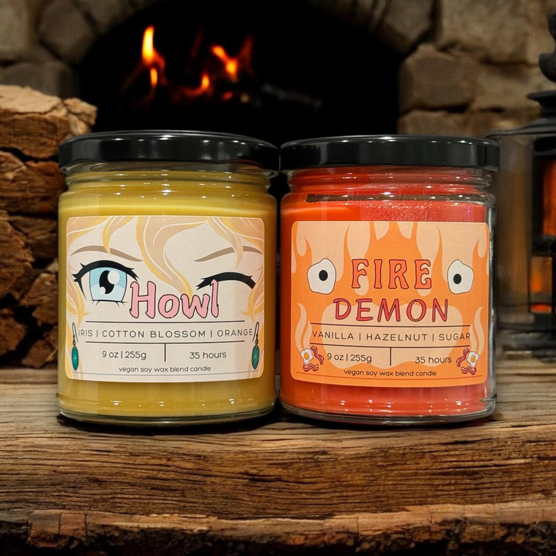 Handcrafted soy wax candle inspired by Howl's Moving Castle from Studio Ghibli, featuring premium fragrances of iris, cotton blossom, and orange. Made with 100% natural vegan wax and a lead-free Eco-wick, this eco-friendly candle embodies the magic and charm of the iconic film. Perfect for anime enthusiasts and collectors, it captures the essence of beloved characters like Howl, Sophie, Calcifer, and the Witch of the Waste, bringing the enchanting world of Studio Ghibli into your space with nostalgia.