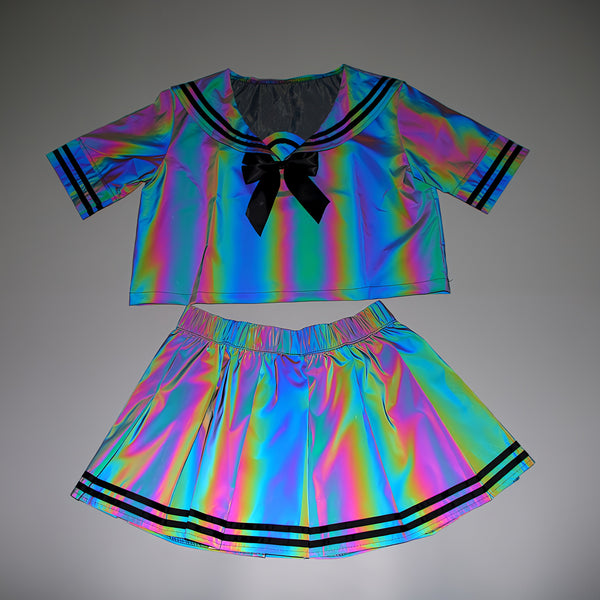 Buy Holographic Reflective Sailor Fuku Cosplay Set – Reflective JK Uniform Skirt, Sailor Suit Top, and Bowtie – Dark Gray in Daylight, Rainbow Colors at Night – High-Visibility Cosplay Outfit for Anime Fans and Festivals – Non-Returnable and Non-Exchangeable Reflective Material – Perfect for Nighttime Events, Conventions, and Photoshoots – Iconic Sailor School Uniform with Dazzling Reflection – Limited Edition Cosplay Apparel for Anime Lovers