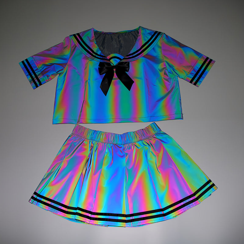 Buy Holographic Reflective Sailor Fuku Cosplay Set – Reflective JK Uniform Skirt, Sailor Suit Top, and Bowtie – Dark Gray in Daylight, Rainbow Colors at Night – High-Visibility Cosplay Outfit for Anime Fans and Festivals – Non-Returnable and Non-Exchangeable Reflective Material – Perfect for Nighttime Events, Conventions, and Photoshoots – Iconic Sailor School Uniform with Dazzling Reflection – Limited Edition Cosplay Apparel for Anime Lovers