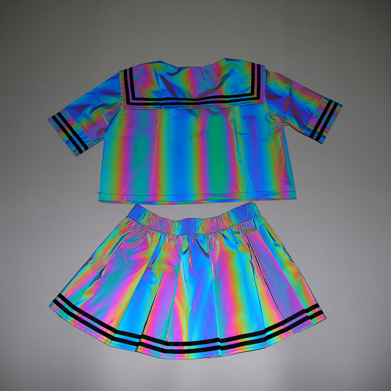 Buy Holographic Reflective Sailor Fuku Cosplay Set – Reflective JK Uniform Skirt, Sailor Suit Top, and Bowtie – Dark Gray in Daylight, Rainbow Colors at Night – High-Visibility Cosplay Outfit for Anime Fans and Festivals – Non-Returnable and Non-Exchangeable Reflective Material – Perfect for Nighttime Events, Conventions, and Photoshoots – Iconic Sailor School Uniform with Dazzling Reflection – Limited Edition Cosplay Apparel for Anime Lovers