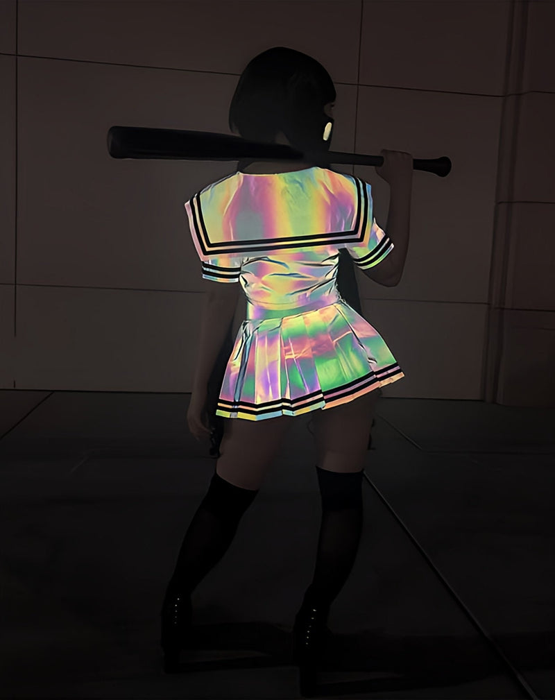 Buy Holographic Reflective Sailor Fuku Cosplay Set – Reflective JK Uniform Skirt, Sailor Suit Top, and Bowtie – Dark Gray in Daylight, Rainbow Colors at Night – High-Visibility Cosplay Outfit for Anime Fans and Festivals – Non-Returnable and Non-Exchangeable Reflective Material – Perfect for Nighttime Events, Conventions, and Photoshoots – Iconic Sailor School Uniform with Dazzling Reflection – Limited Edition Cosplay Apparel for Anime Lovers