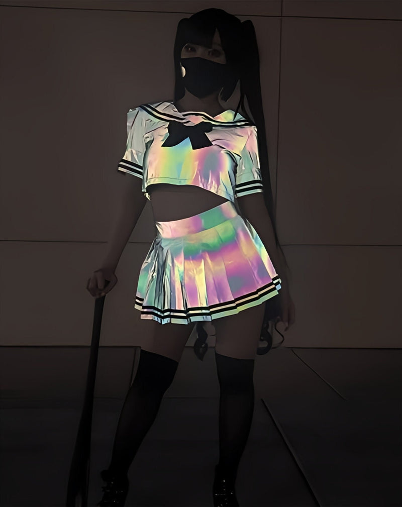 Buy Holographic Reflective Sailor Fuku Cosplay Set – Reflective JK Uniform Skirt, Sailor Suit Top, and Bowtie – Dark Gray in Daylight, Rainbow Colors at Night – High-Visibility Cosplay Outfit for Anime Fans and Festivals – Non-Returnable and Non-Exchangeable Reflective Material – Perfect for Nighttime Events, Conventions, and Photoshoots – Iconic Sailor School Uniform with Dazzling Reflection – Limited Edition Cosplay Apparel for Anime Lovers