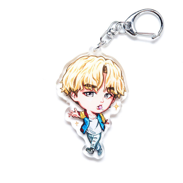 Premium BTS acrylic keychain featuring double-sided designs of all seven members: RM, Jin, Suga, J-Hope, Jimin, V, and Jungkook. Vibrant, scratch-resistant colors with a stylish glitter epoxy coating. Perfect for accessorizing backpacks, lanyards, and Ita bags. Durable silver D-clasp ensures long-lasting use. A must-have collectible and the perfect gift for ARMY and K-pop enthusiasts